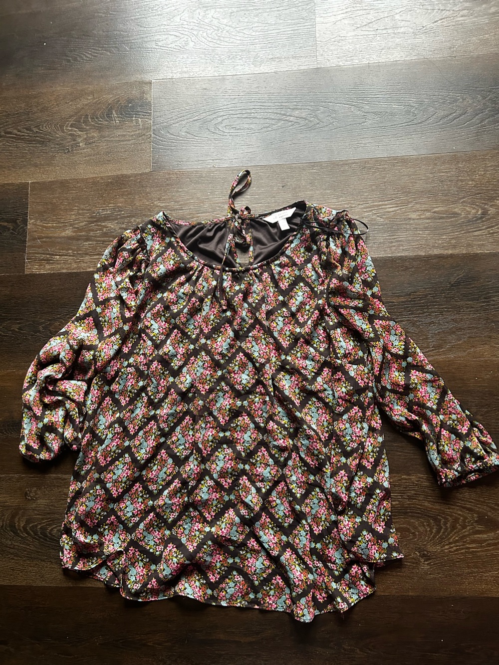 LC Lauren Conrad Brown Floral Peasant Blouse with Pink and Blue Accents